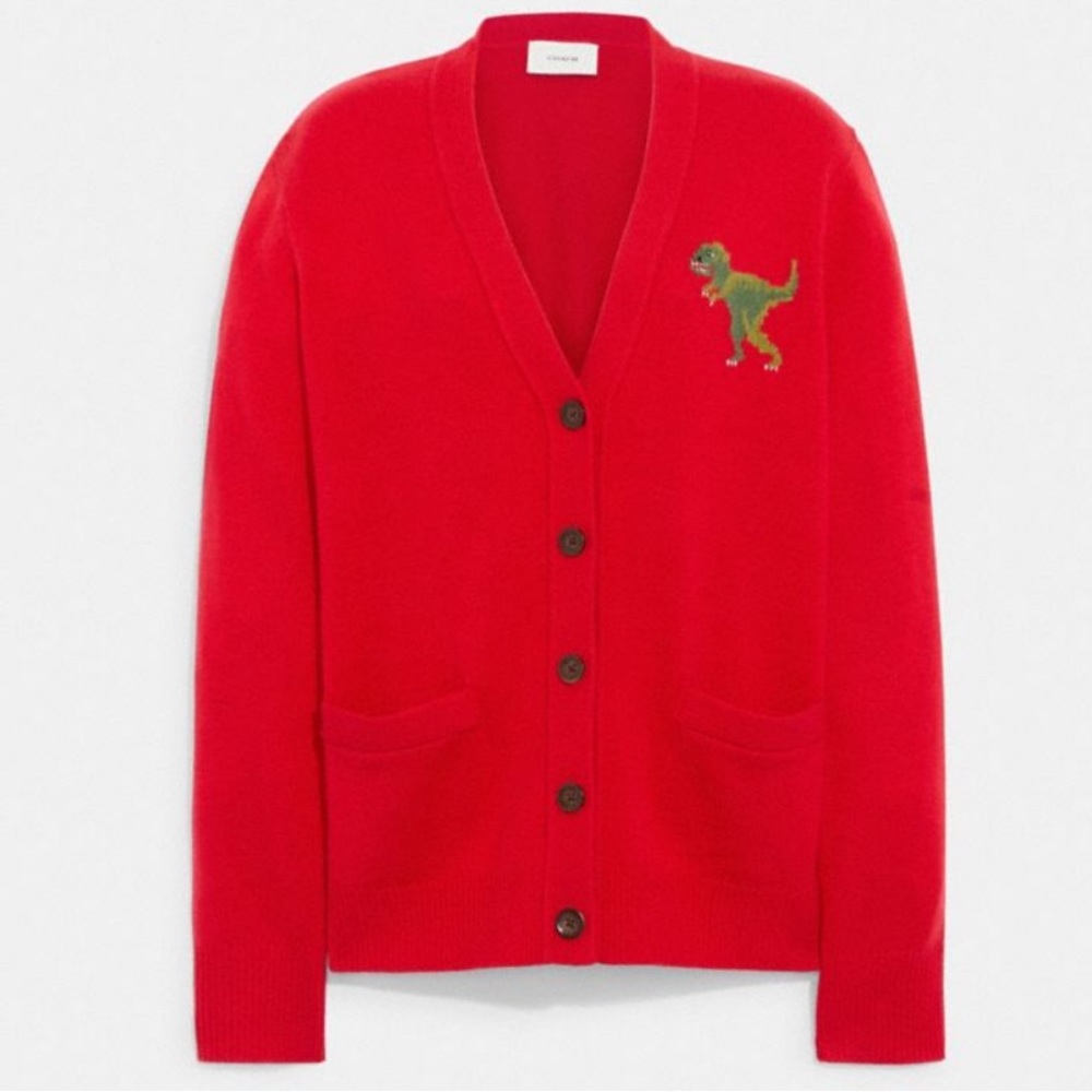 Coach Red Rexy Cardigan with Embroidered Dino